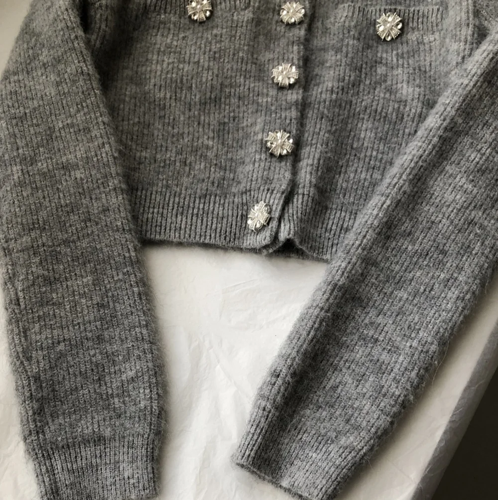 Self Portrait Grey Fluffy Crystal Trim Cardigan - Picture 9 of 13